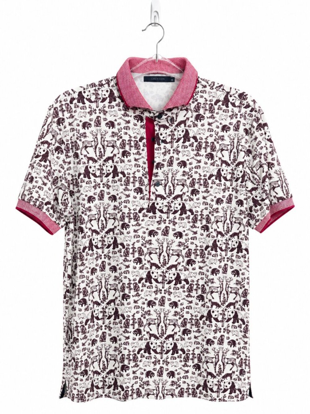 Greyson EUC Maroon/White Woodland Creatures Print Polo